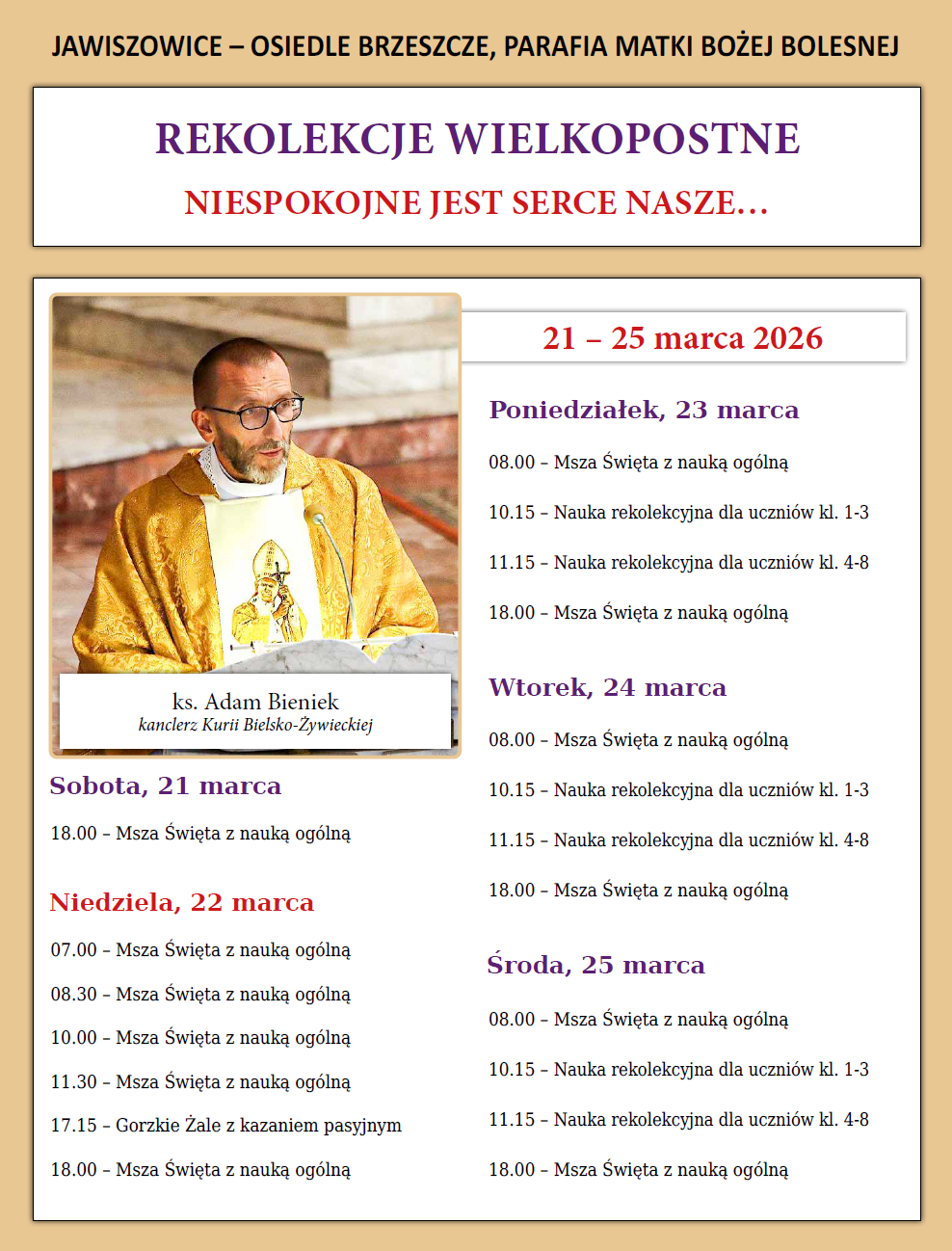 Zapraszamy na rekolekcje wielkopostne: 21-25 marca